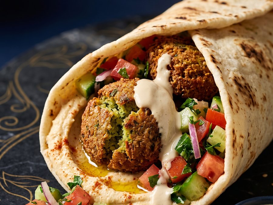 Falafel Shawarma — Crispy falafel, hummus, cucumber-tomato salad, tahini, warm pita.