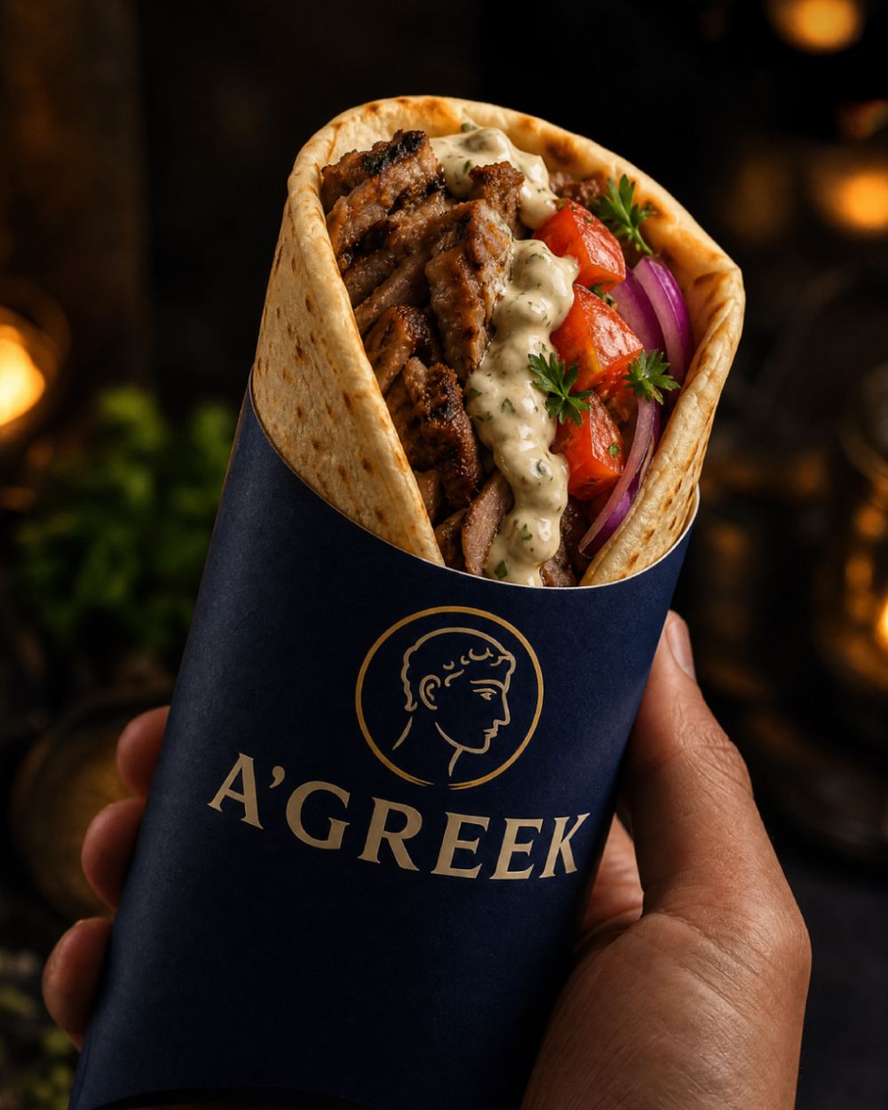 Shawarma Mixto — grilled beef and chicken with tomato, red onion, parsley and White A'Greek sauce in warm pita