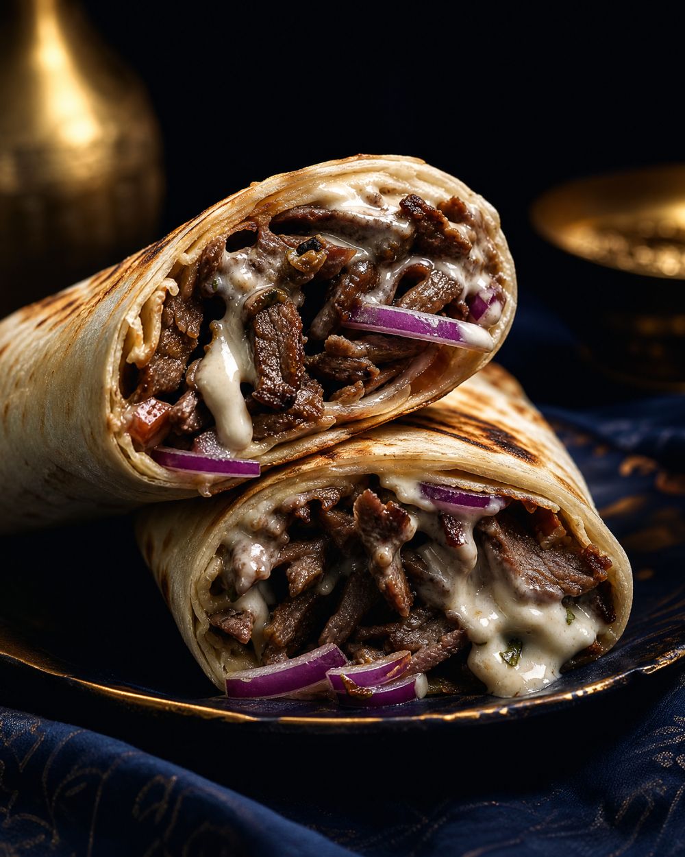 Beef Shawarma — Slow-grilled beef, red onion, White A'Greek sauce, warm pita.