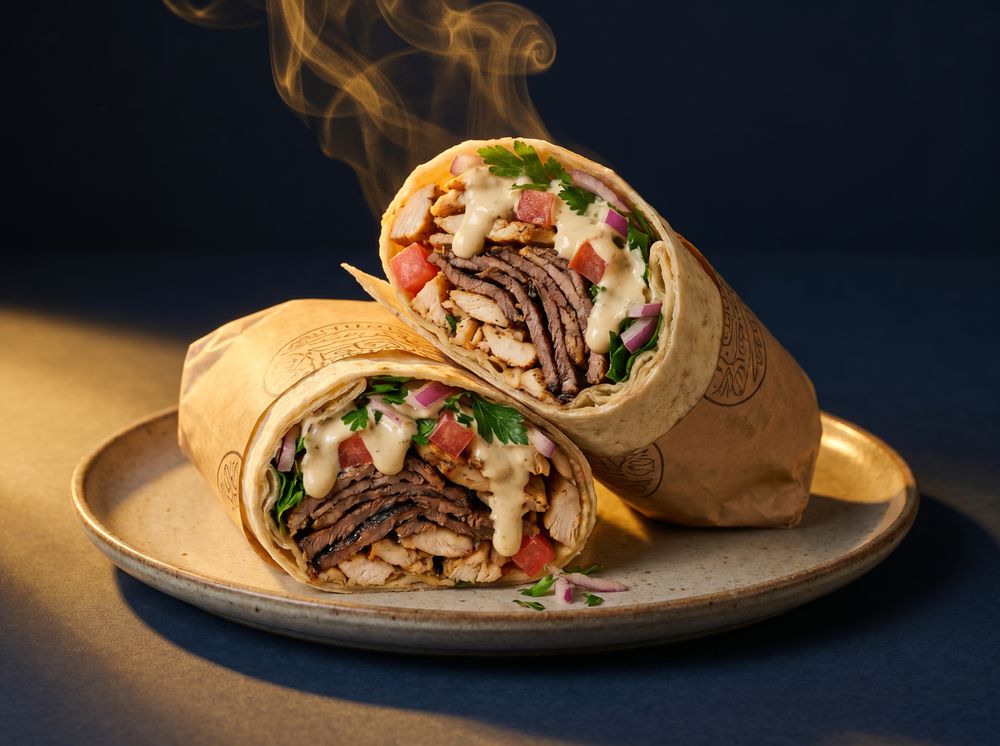Shawarma Mixto — Grilled beef and chicken, tomato, red onion, parsley, White A'Greek sauce, warm pita.