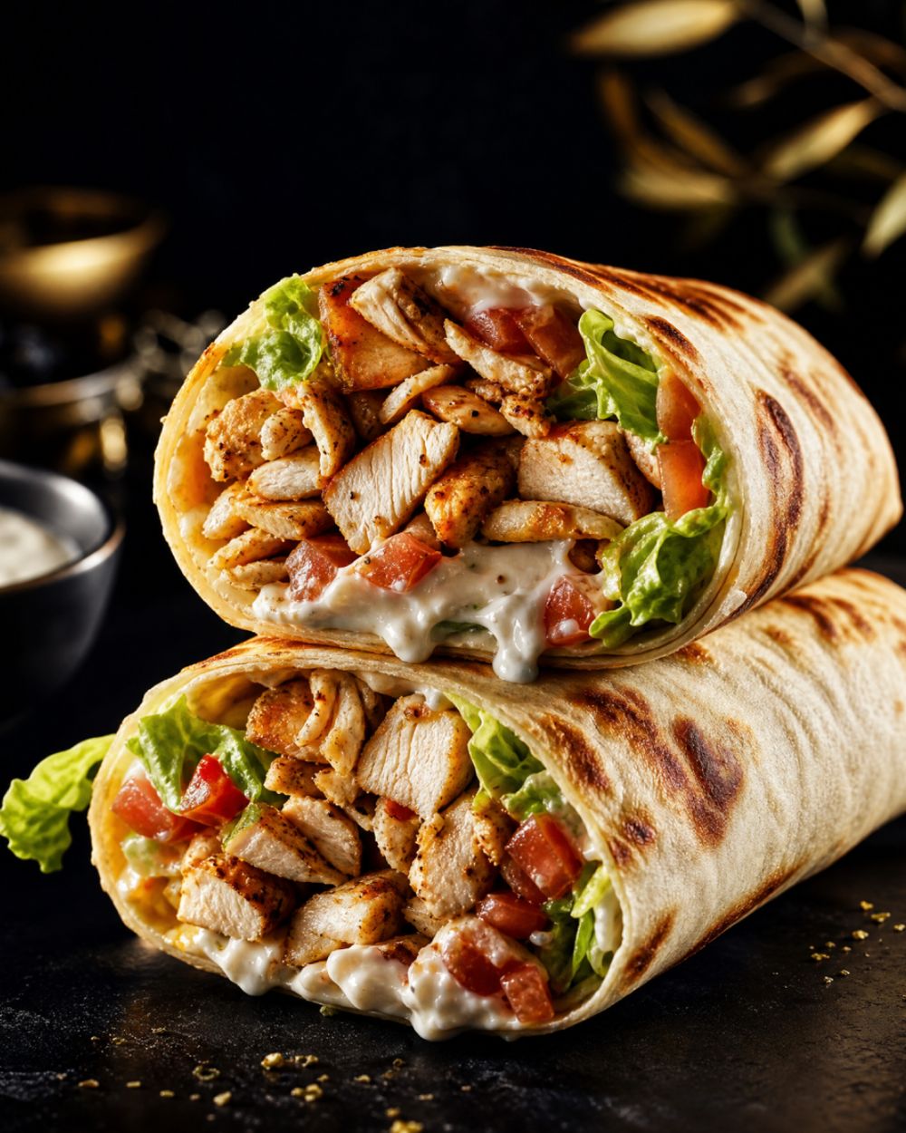 Chicken Shawarma — Marinated grilled chicken, lettuce, tomato, White A'Greek sauce, warm pita.