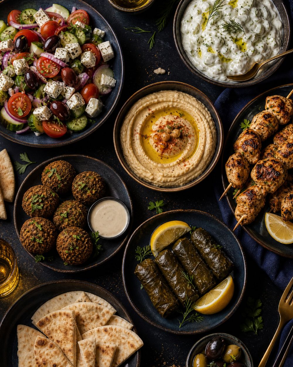 Assorted Greek and Arabic dishes spread on a table